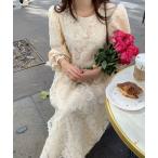 ドレス 長袖ウエスト切替花柄刺繍ワンピース