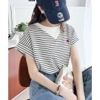 tシャツ ポコポコ素材で大人フレンチ。オーガニックコットンL混 胸刺繍ネック切替半袖プルオーバー レディース