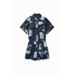 サロペット オーバーオール 地図モチーフ ショートオールインワン レディース