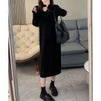 ワンピース リブニットワンピース ロング丈 vネック