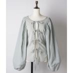ブラウス シャツ 前リボンボリュームパフ袖シアーベロアトップス レディース