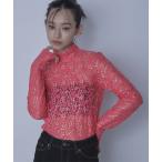 tシャツ スパンコールレースハイネックトップス レディース