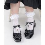 パンプス 上品リボンパールスクエアトゥパンプス