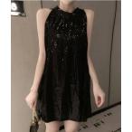 ドレス ボトルネックスパンコールミニワンピース
