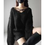 ショッピングストラップ ニット セーター 「 ５color 」クロスストラップカットアウトルーズシャギーニット レディース