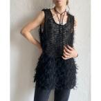 ベスト ジレ チュールフリンジジャガードチョーカーVネックロング丈ベスト レディース