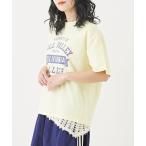 ショッピング半袖トップス プリント ロゴ tシャツ Tシャツ レディース カギ針風ニット付カレッジロゴプリントTシャツ