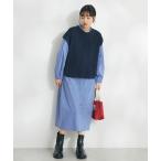 シャツワンピース 「洗える」ニットベスト+シャツワンピース-SET