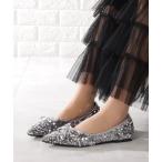 パンプス リボン付き シャイニー スパンコール ポインテッド フラット パンプス