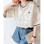 tシャツ 上品レース×スポーティMIXが旬。クロシェ風花柄レースリブライン胸刺繍Tシャツ。 レディース
