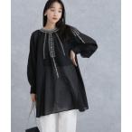 ブラウス シャツ 刺繍スモッキングギャザーチュニック レディース