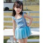 水着 キッズ水着 リボンチュールドレスワンピ風スパンコールラメオールインワンスイムウェア+キャップ 2点セット キッズ 子供 女の子