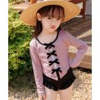 水着 キッズ水着 長袖リボントップス+バイカラーフリルオールインワンスイムウェア+キャップ 3点セット キッズ 子供 女の子