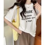 tシャツ 英字ロゴプリント半袖Tシャツスリット入り レディース