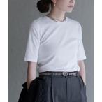 tシャツ クルーネック 5分袖リブカットソー レディース