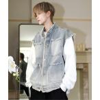 ベスト ジレ 「neos」ルーズシルエット ビンテージウォッシュ フリンジ ノーカラー デニム ベスト メンズ レディース