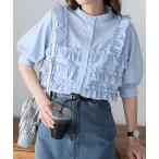 ブラウス シャツ フリルビスチェドッキング風パフスリーブブラウス レディース