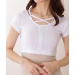 tシャツ クロス ストラップ フロント ボタン リブ トップス レディース