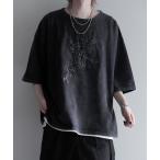 tシャツ 「cussil/クシル」ピグメントスノーウォッシュ加工フラワー刺繍オーバーサイズハーフスリーブTシャツ メンズ レディース