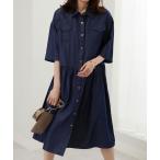 ワンピース ギャザー使いデニムシャツワンピース