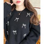 ショッピングパール ニット セーター パールリボンパーツ付きショート丈もちもちニットプルオーバー レディース