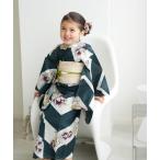 浴衣 キッズ浴衣3点セット ニコアンティーク 青緑のモダン矢絣と花 キッズ 子供 女の子