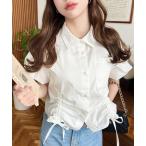 ブラウス シャツ T/Cブロード無地&ストライプ半袖バルーンスリーブすそドロストシャツ レディース