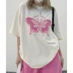 tシャツ バタフライOR刺繍ロゴ×バタフライ　選べる！　綿100％オーバーサイズ刺繍半袖Tシャツ レディース