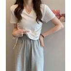 tシャツ サイドシャーリング　ネックVカット半袖Tシャツ レディース
