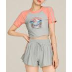 ショッピングリゾート 水着 レディース水着 半袖スポーティークロップド丈クロスストラップトップス+ショートパンツ+ショーツ 3点セット レディース