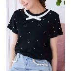 tシャツ リボンタイ+パールTシャツ レディース
