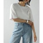 tシャツ ロールアップスリーブレタリングロゴ刺繍Tシャツ レディース