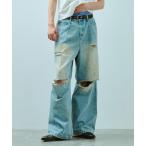 ジーンズ wide baggy broken denim trousers / ワイドバギー汚れ加工ダメージデニム メンズ レディース