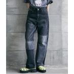 ジーンズ デニム デニムパンツ 「大きいサイズ」 綿100%パッチワークワイドストレートデニムパンツ GEVS. レディース