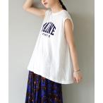 tシャツ フロッキーカレッジロゴ 異素材切り替え ノースリーブプルオーバー レディース