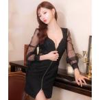 ドレス 「高見え刺繍×美シルエット」谷間ジップで盛れ感自由自在フロントジップ サイドシアー フラワーチュール 長袖タイトミニドレス