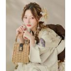 バンブーハンドル レザー×スプリットラタンカゴバッグ レディース