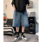 ジーンズ ハーフ 古着風 ウォッシュ ワイド デニム ショートパンツ ベルト付き メンズ レディース