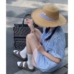 帽子 ハット リボン付きストローハット レディース