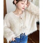 カーディガン 前後2WAYショート丈フリンジリボンカーディガン レディース