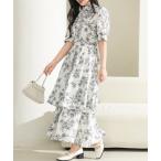 ワンピース ボタニカル柄 ティアード フリル プチハイネック ロング ワンピース