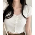 ニット セーター レースパイピング半袖リブニットトップス レディース