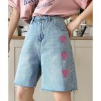 ジーンズ デニム デニムパンツ 裾ダメージハートデニムハーフパンツ レディース
