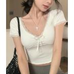tシャツ レース使い胸クロスデザインフロントリボン付き半袖トップス レディース