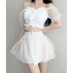 水着 Y2K フリル ギャザー シアー スカート タンキニ スイムウエア 3点セット レディース