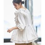 ブラウス シャツ 洗える ｜ ショルダー フリル ペプラム TOPS ｜ 長袖 トップス 二の腕カバー 体型カバー 袖ボリューム オフィスカジュアル