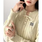 ショッピングリボン ニット セーター 「mily bilet」大人カジュアルかわいい。レースアップデザイン胸刺繍ケーブルダメージニット レディース