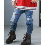 パンツ はたらくくるまパッチワークキラキラモチーフデニム風プリントミラノリブパンツ(80~110cm) キッズ 子供服 男の子 女の子