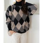 ショッピングアーガイル ニット セーター タートルネックアーガイルニット レディース