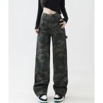 ジーンズ デニム デニムパンツ カモフラージュ ダブルニースタッズ デニムストレートパンツ 迷彩柄 レディース メンズ